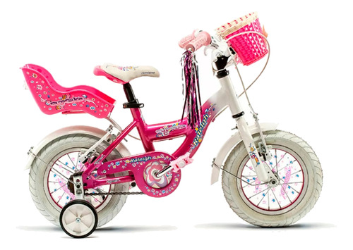 Bicicleta Infantil Nena Raleigh Cupcake Cuadro De Aluminio Liviana Con Canasto Y Silla Portamuñeca Blanco Rosa 