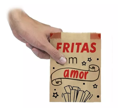 Saquinho Papel p/ Batata Frita, Salgados, Hamburger Fritas com amor 