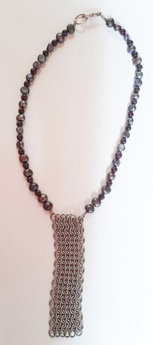 Collar De Cota De Maya Con Granate Y Perla Negra