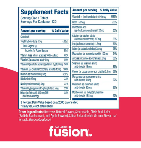 Bariatric Fusion Complete Vitamin & Mineral Fresa 120tabs Sabor Strawberry B12