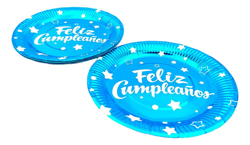 Plato Azul Metalizado Feliz Cumpleaños X 10 Unidades