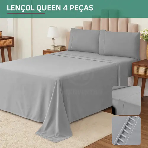 Kit Jogo De Cama Queen Percal 400 Fios Fronha Em Ponto Palito 4 Peças Maciez E Conforto Prolongado Cor Cinza Premium