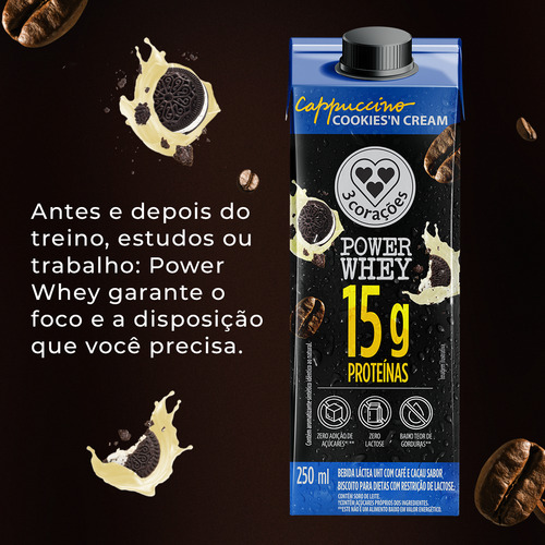 Bebida Láctea UHT Cappuccino Cookies'n Cream Zero Lactose 3 Corações Power Whey Caixa 250ml