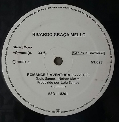 Lp Vinil Ricardo Graça Mello Romance E Aventura Promo 1983