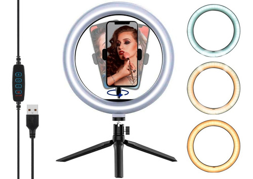 Aro Luz Led Selfie 3 Luces + Tripode Profesional Celular Color Negro