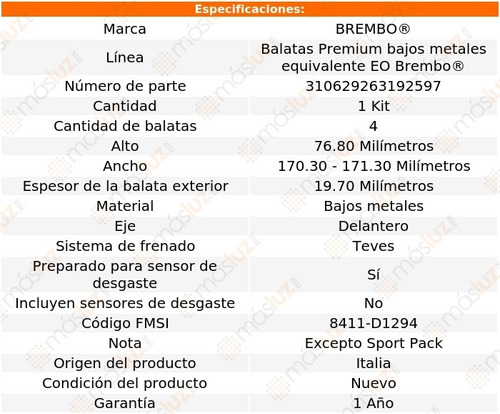Balatas Bajos Metales Del Bmw X5 L6 3.0l 11/16 Brembo