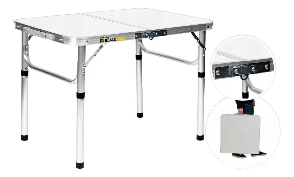 Mesa Dobrável Camping Alumínio 90x60cm Vira Maleta Externa Interna Salão De Festas Gourmet Branco BMD900 The Black Tools
