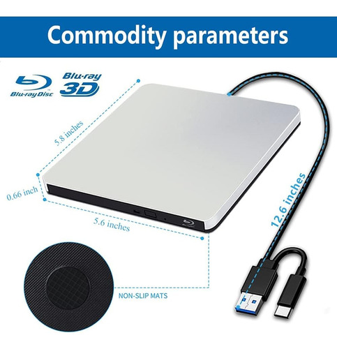 Unidad Blu-ray Externa Compatible Con Lectura Bd Dvd Cd Port