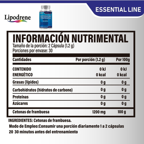 Cetonas De Frambuesas 1200 Mg | Lipodrene | Essential | 60 C Sabor Sin Sabor
