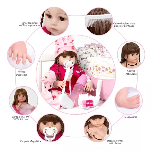 Boneca Bebê Reborn 100% Silicone Menina Olhos Castanhos Girafinha