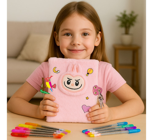Diario Intimo Peluche + Lapiceras Glitter Candado Y Llaves Violeta Fluffy 2025