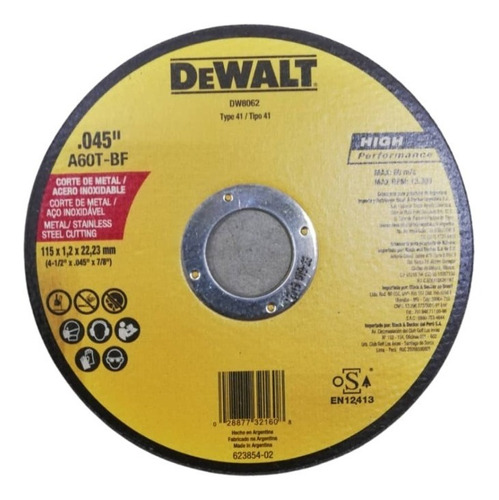 Disco Extrafino Corte Metal 4.1/2 X0,045x7/8 Dw8062 Dewalt