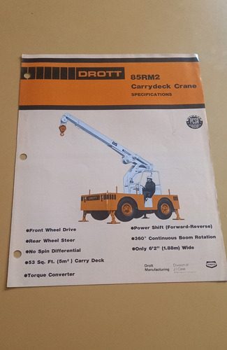 Drott Folleto 85rm2 Carrydeck Crane Impreso U.s.a. 1976