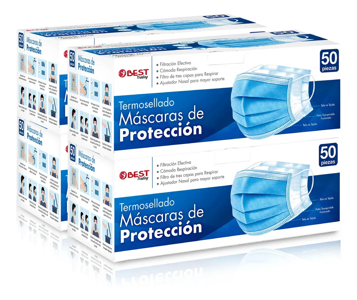 200 Cubrebocas Tricapa Best Trading, Tapabocas Azul, Termosellados Con Ajustador Nasal, Transpirables y Resistentes Para Uso Diario, Oficina, Escuela y Viaje