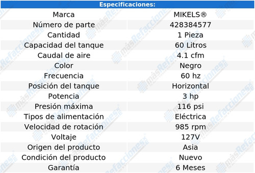 Compresor De Aire Manómetro 3 Hp Con Banda 60 Lts Mikels