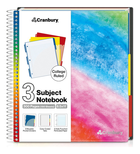 Cranbury Cuaderno De Espiral De 3 Materias, Rayas Universita