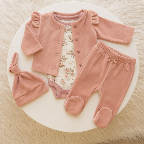 Conjunto Plush Bebe Campera Y Pantalon Rosa Bebe Abrigo Beba Rosa Hasta 3 Meses