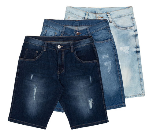 Imagem 1 de 2 de Kit 3 Bermudas Jeans Rasgada Desfiada Masculina Original