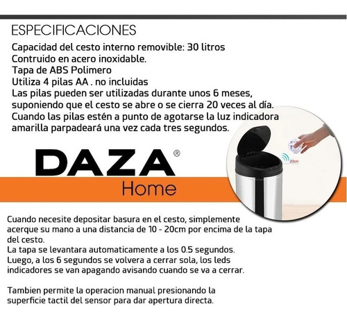 Imagen 3 de 7 de Tacho De Basura Automatico Daza Cesto Residuos 30 L C030l