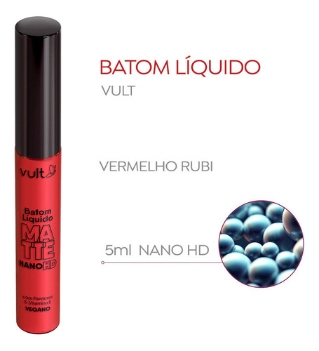 Batom Líquido Matte Vermelho Rubi Aveludado Nano Hd 5ml Vult