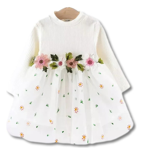 Vestido Blanco De Manga Larga Con Detalles Floreados De Bebé