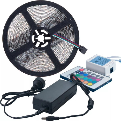 Imagen 1 de 10 de Tira Luces Led 5050 Rgb Exterior Control + Fuente Kit 5 Mts