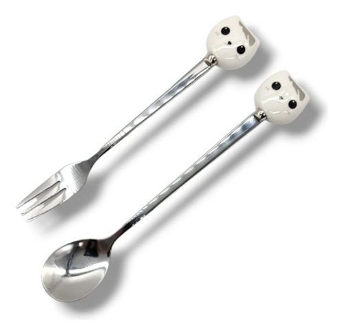 Set De Cucharita + Tenedor Postre Diseño Gatito Acero Inox