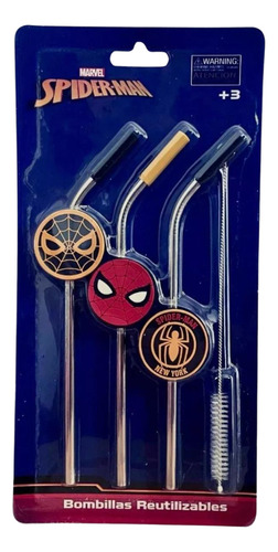 Set 3 Bombillas Reutilizable Spiderman Acero Inox + Cepillo 