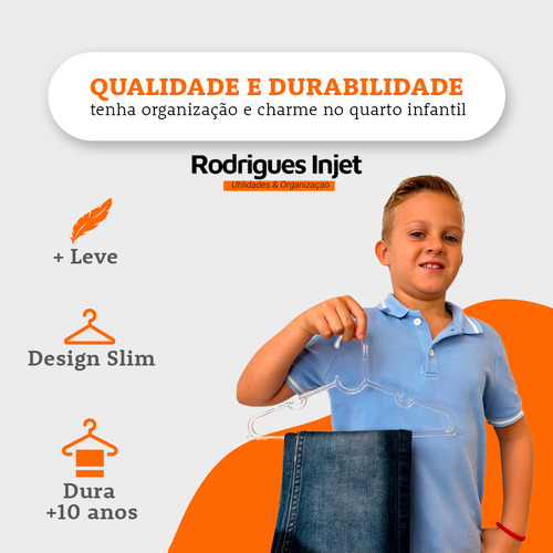 Cabide Infantil Acrilico Kit 100 Transparente Organizador Reforçado Rodrigues Injet