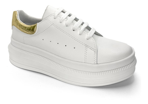 Tenis Halsch Blanco Dorado Mujer Plataforma Moda Cómodos