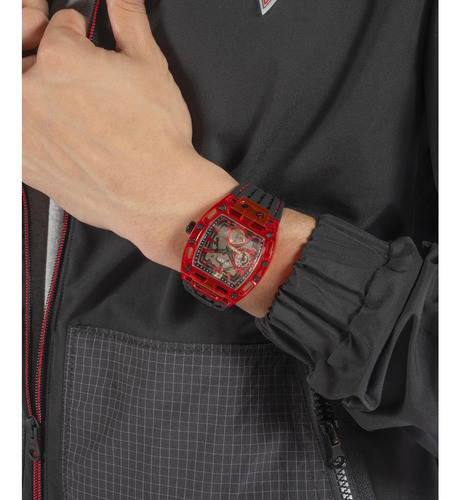 Reloj Guess Phoenix Negro Caballero Hombre Bisel Rojo Fondo Rojo