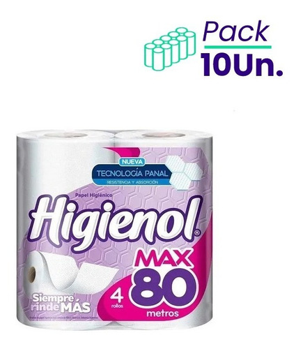 Pack X10 Papel Higienico Hoja Simple Max Higienol 80mt X4