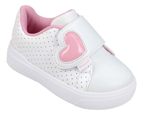 Tênis Infantil Pampili Yumi Branco E Rosa Perfuros Velcro