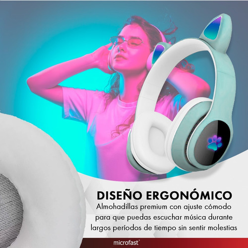 Auriculares Headset Bluetooth Oreja Luz Led Gato Micrófono