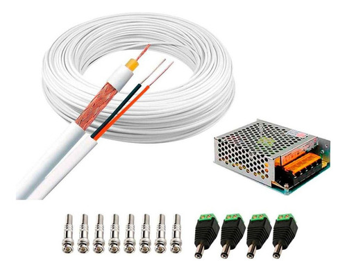 Cabo Coaxial Cftv 100 Metros + Bnc P4 Fonte 4 Câmeras Cc78