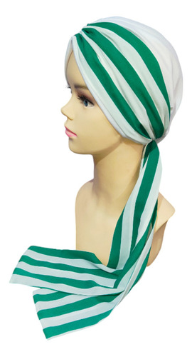Turbante Oncológico Para Mujer De Algodón C/ Banda Mascada Color Blanco Rayas Verdes