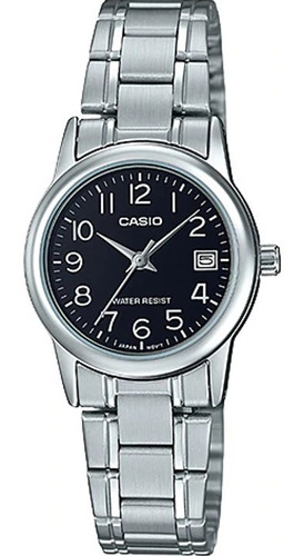 Reloj Casio Quartz Ltpv002 Mujer Acero Fechador Full Correa Plateado Bisel Plateado Fondo Negro LTP-V002D-1B