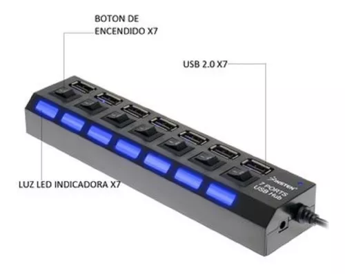 Multipuertos USB 2.0 Interruptor Individual LED 7 puertos HUB