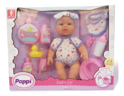 Muñeca Bebe Poppi Quiero Pipi 31cm + Accesorios Pc