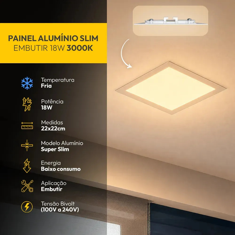 Painel Led Plafon Aluminio Embutir 18w 4000k Branco Neutro 22x22Cm Quadrado Cod: ALUT190071 Alut By Avant
