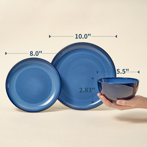 Juego De Vajillas De Gres Azul Pokini, 12 Pcs Placas De Esma