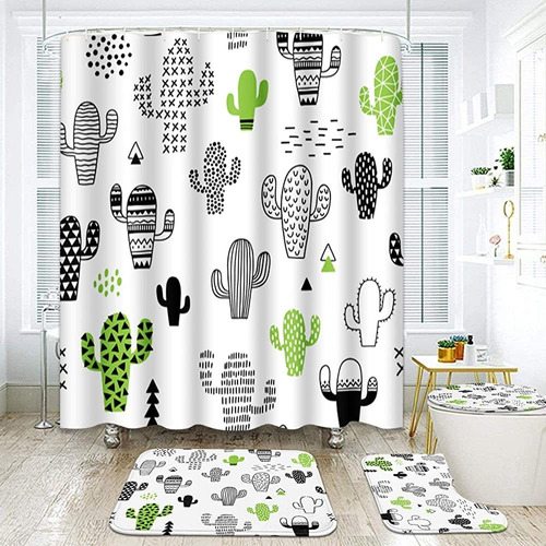 Artsocket 4 Pcs Shower Curtain Set Lindo Cactus Verde Desier