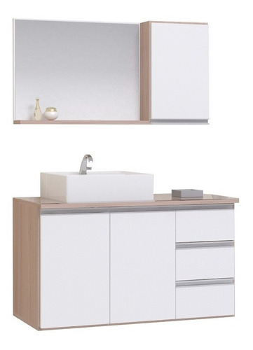 Moveis Joia Prisma conjunto gabinete banheiro 80cm com tampo vidro cor madeirado e branco