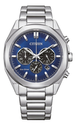 Reloj Citizen Ca459081l Hombre Eco Drive Cronógrafo Malla Plateado Bisel Plateado Fondo Azul