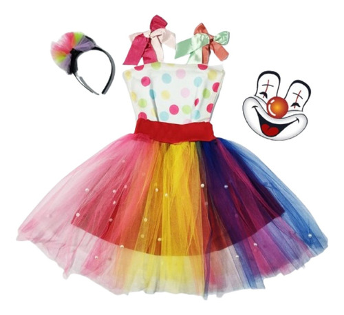 Vestido Infantil Fantasia Menina Halloween Palhaço Tiara