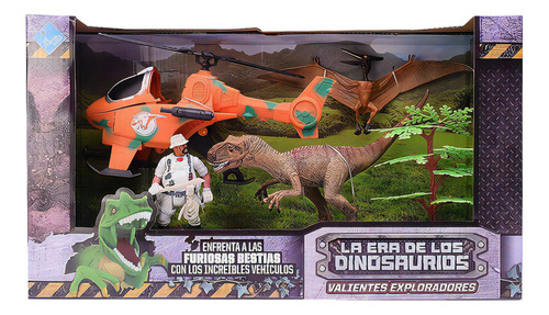 Dinossauros com boneca e helicóptero O Duende Azul