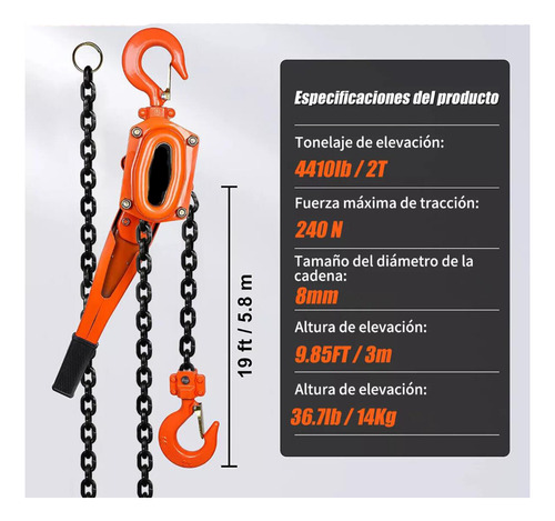 Polipasto De Palanca Para 2t 3 Metros Mango Con Gom Naranja