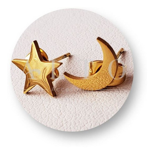 Aretes Luna Y Estrella Oro. Par Broqueles Elegantes. Acero 