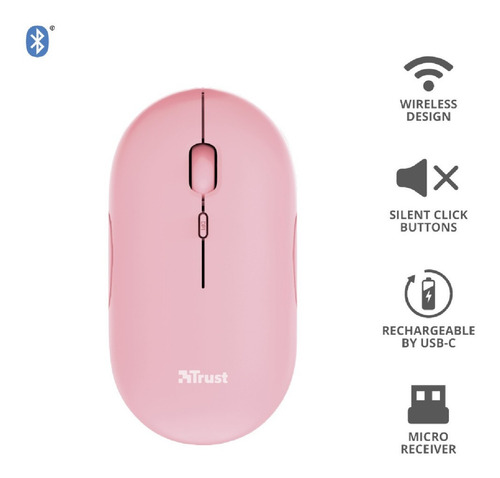 Imagen 3 de 6 de Mouse Inalambrico Bluetooth Trust Puck Rosa Recargable