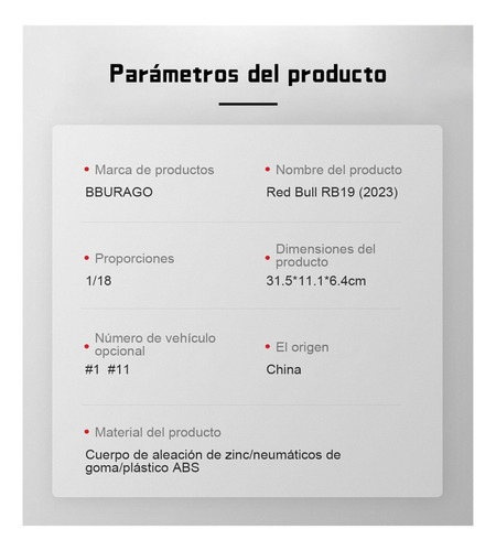 Coche Fundido A Presión 1/18 Rb19 Buburago 2023 Redbull #11
